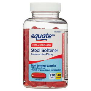 lot 180188 image: Equate Extra Strength Stool Softener Softgels for Constipation 250 mg 140 Count