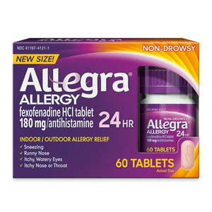 lot 180203 image: Allegra Adult 24HR Non-Drowsy Allergy Symptom Relief Tablets 60 Ct