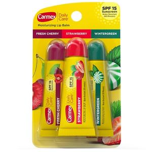 lot 180217 image: Carmex Daily Care Moisturizing Lip Balms with Octinoxate Oxybenzone SPF 15 Multi-Flavor 3 Pack