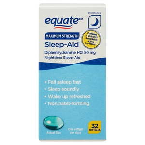 lot 180234 image: Equate Maximum Strength Diphenhydramine HCl Sleep-Aid Softgels 50 mg 32 Count