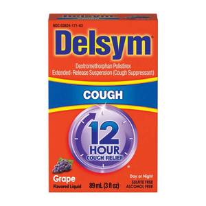 lot 180247 image: Delsym 12 Hr Cough Relief Liquid - Dextromethorphan - Grape - 3 fl oz