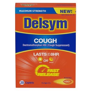 lot 180279 image: Maximum Strength Delsym Cough Suppressant Fast Release Caplets lasts up to 8 hour day or night 20 count