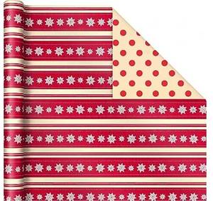 lot 144016 image: Hallmark Reversible Christmas Wrapping Paper 40 sq. ft. Snowflakes Red Stripes