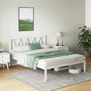 lot 31963 image: Novilla 14 Inch Queen Size Bed Frame with Headboard, Platform Bed Frame No Box Spring Needed, Metal Queen Bed Frame with Storage Space, Wooden Slats Support, Easy Assembly, White