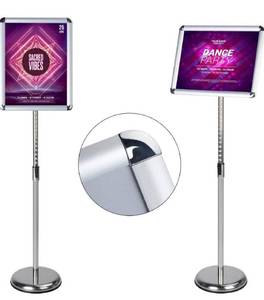 lot 31968 image: AKTOP Adjustable Poster Sign Stand, 11 X 17 Inch Heavy Duty Pedestal Floor Standing Sign Holder, Silver Snap-Open Aluminum Frame with Safety Rounded Corner