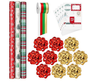 lot 31976 image: Hallmark Rustic Red and Green Christmas Wrapping Paper Set (90 sq. ft. ttl, 10 Bows, 4 Ribbon Colors, 40 Gift Tag Stickers) Snowflakes, Trees, Plaid