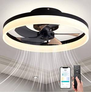 lot 31985 image: PIPRE Modern Indoor Flush Mount Ceiling Fan with Lights,Dimmable Low Profile Ceiling Fans with Remote Control,Smart 3 Light Color Change and 6 Speeds for Bedroom Living Room Kitchen,Black