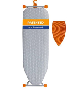 lot 31998 image: Happhom Ironing Board, Compact and Space Saver Patented Ironing Board with Extra Thick Heavy Duty Padded Cover, Height Adjustable, Easy Storage with Smart Hanger and Lightweight Design