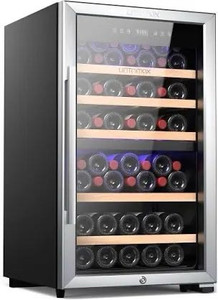 lot 31056 image: UNTOMAX Wine Fridge Dual Zone 52 Bottles (Bordeaux 750ml),Wine Cooler Refrigerator Freestanding wLock,41F-68F Digital Temperature Control Compressor Wine Cellar, Fast Cooling Low Noise No Fog,20 Inch(MSRP $699.98)