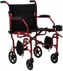 lot 31106 image: Medline - Ultralight Transport Wheelchair with 19�� Seat, Folding Transport Chair with Permanent Desk-Length Arms - Red