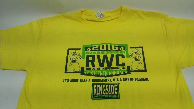 lot 6617L image: New 2016 Sixteenth Annual Ringside World Championship event in Independence MO T Shirt with the Champions names on the back.  Size Large