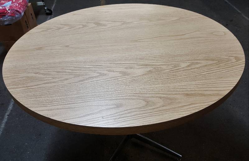 lot 6707 image: Very nice 42 diameter round laminated wood grain top chrome leg bar or dining table with 1-14 thick top and 29 off the floor
