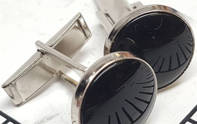 lot 6902-2 image: You too can Be Cool with this new pair of Black chrome plated backs Tuxedo cuff links
