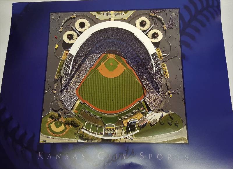 lot 7578-2 image: Beautiful new 28 X 22 aerial view color poster of the Kansas City Royals K stadium in 2002