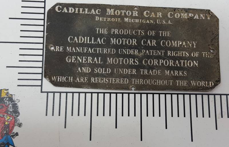 lot 6619 image: Most likely from the 20s or 30s is this early Cadillac Motor Car Company metal plate
