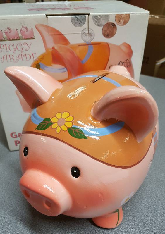 lot 6623 image: Saving for the Garden Fund with this ceramic Piggy Bank.  Its new and missing one of the rubber pads on the feet.