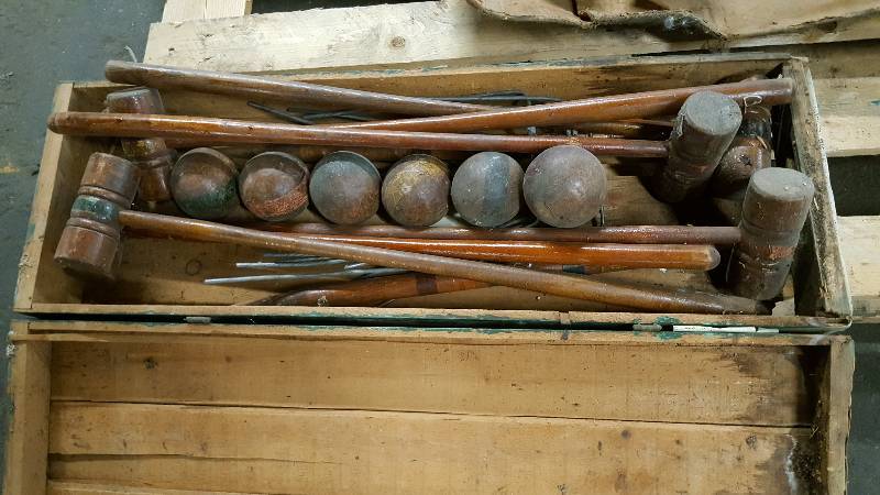lot 6571 image: Definitely antique and I guessing from the 20s or 30s is this (looks complete) all wood croquet set