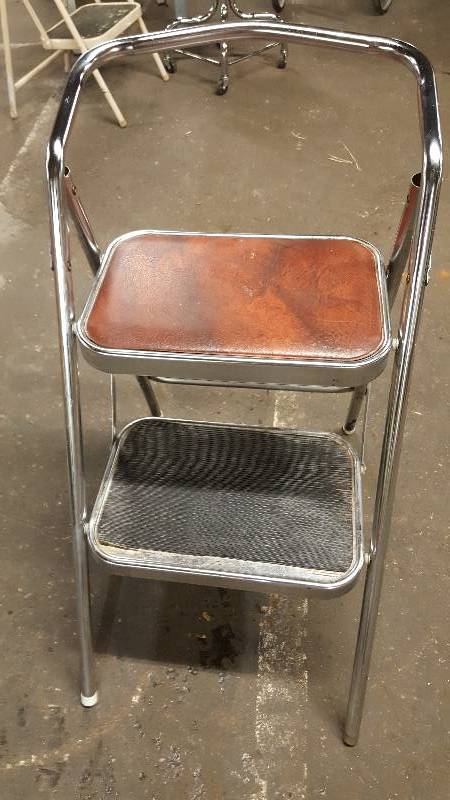 lot 6546 image: Quick 2 step stowaway kitchen chrome style stool.