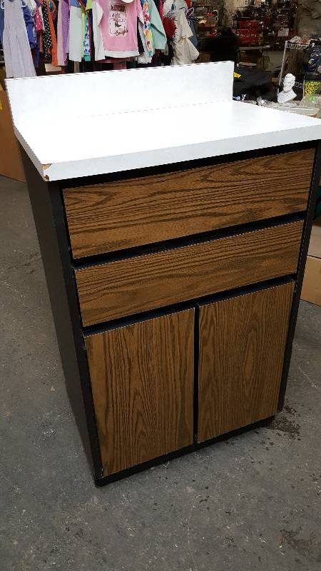lot 6553 image: 2 drawer and open space underneath with HD swing out doors on this work counter with Formica top