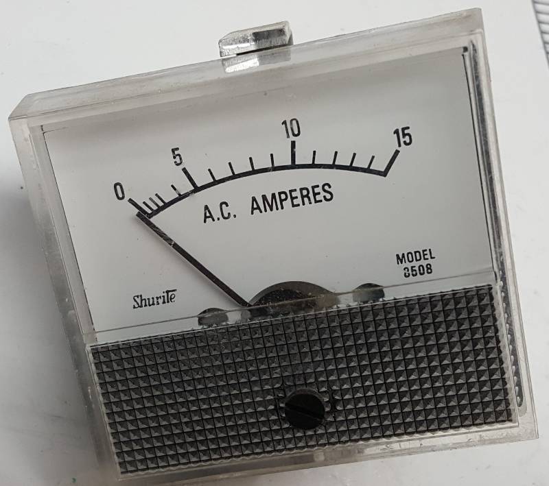 lot 6862 image: 0-15 Amperes square panel A.C. Amperes gauge. Shurite 8508 is the model shown on the face of the gauge.