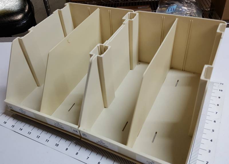 lot 6864-2 image: Pair (2) HD Plastic small parts bin boxes 12 deep, 6 tall and 8 wide with removable dividers.