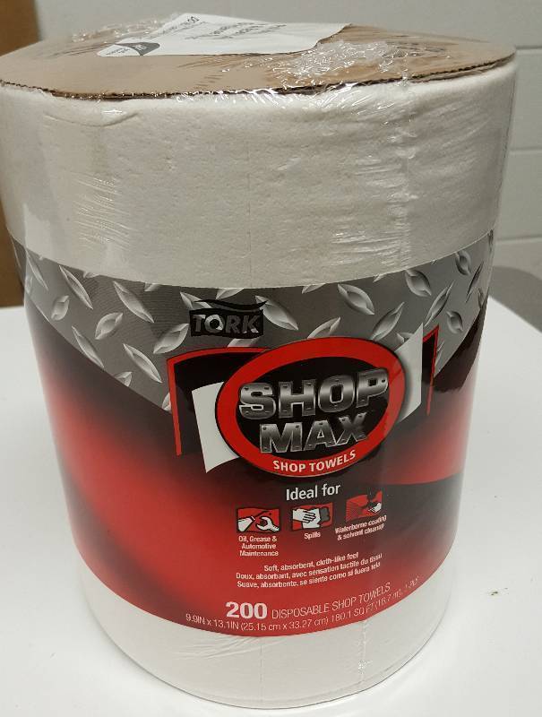 lot 7165-2 image: New in the package is this Tork 450138 Advanced Centerfeed ShopMax Wiper series 450 shop towels with 200 on this roll.