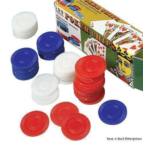 lot 8497-2 image: Box of 100 Red Blue and White cheap plastic Poker Chips measuring 1 12 inch in Diameter, Approximately 116 Thick
