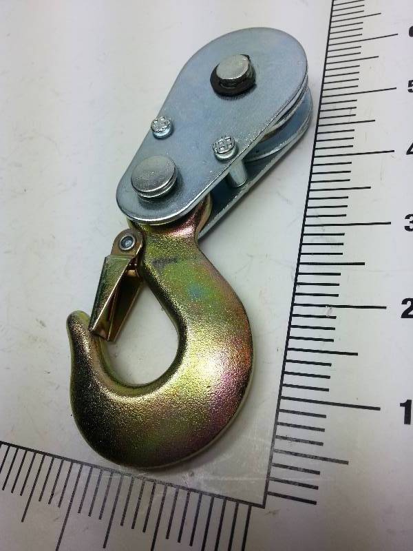 lot 8972 image: Cable or rope Hoist or cherry picker J hook with spring loaded safety clip and V groove pulley attaching