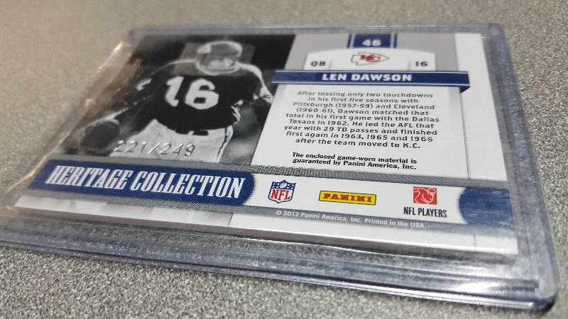 lot 6453 image: Original Heritage Collection swatch of authentic game worn jersey by Len Dawson #16 with the Kansas City Chiefs