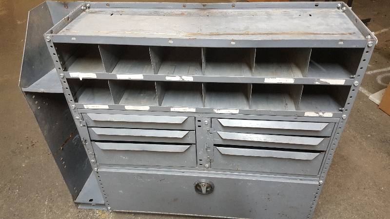 lot 6463 image: Service van small parts hardware rack ready for your vehicle is this 36 tall and about 45 wide.  Drawers lock and sty put when traveling