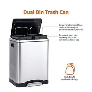 lot 3767 image: Amazon Basics Dual Bin Rectangular Trash Can With Soft-Close Foot Pedal, 30-Liter (2 x 15 Liter Interior Bins), 20.5 x 13 x 15.7 Inches (H x D x W), Brushed Stainless Steel