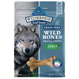 lot 3816 image: Blue Buffalo Wilderness Wild Bones Large Dental Treats for Adult Dogs Grain-Free 27 oz. Bag
