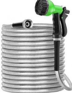 lot 1653 image: SPECILITE 50ft 304 Stainless Steel Metal Garden Hose, Heavy Duty Water Hoses with 2 Nozzles for Yard, Outdoor - Flexible, Never Kink & Tangle, Puncture Resistant