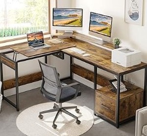 lot 1662 image: YITAHOME L Shaped Desk with File Drawer, 65 Large Computer Desk Corner Desk with Lift Top, Standing Desk Height Adjustable with Monitor Stand & Storage Shelves for Home Office, Rustic Brown