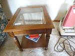 Wood & glass end table & books