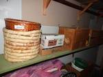 2 baskets, wood crates, misc.