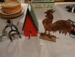 Bird house/ metal rooster-hen/ cowboy made from horse shoes