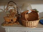 Lot of baskets, big glass cup, bird house