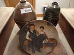 Norman Rockwell decorative plate w/ stand & 2 clay jars