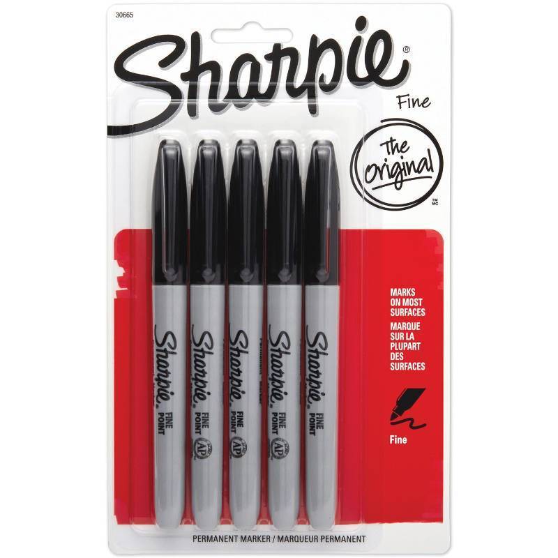 lot 320029 image: Sharpie Permanent Markers Fine Point Black 5 Count Includes 1 Bonus S-Gel Pen (0.7mm)