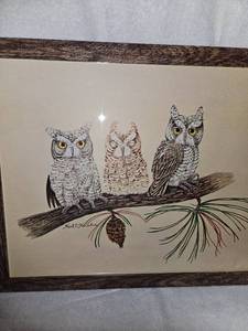 lot 68 image: (3) Vintage Owl Wall Art Pieces