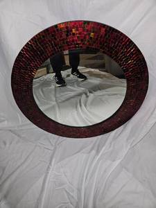 lot 114 image: Red Mosaic mirror and candle holders