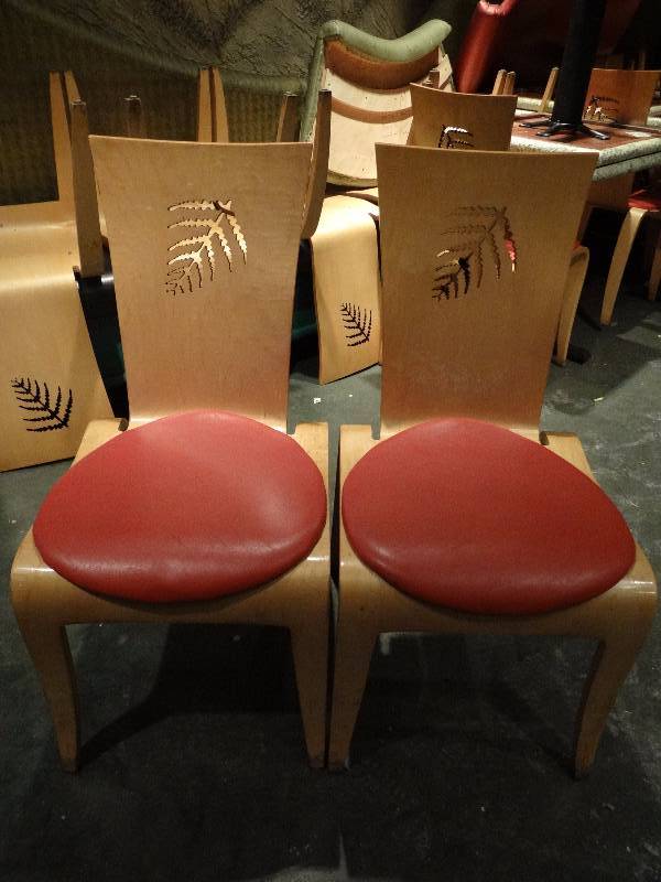 lot 4264U image: Pair Of Wooden Framed Red Vinyl Padded Chairs