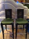 Pair Of Wooden Framed Bar Height Green Vinyl Padded Chairs