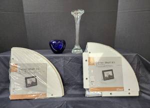 lot 211 image: (2) 10 Corner Shelf Kits, Bud Vase, and Glass Apple