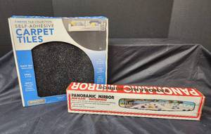 lot 216 image: NIB Self-Adhesive Carpet Tiles 12x12 and NIB Panoramic Mirror