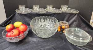 lot 222 image: Glass Punch Bowl, Glass Fruit Bowl with Wooden Apples, Glass Covered Dish, and More