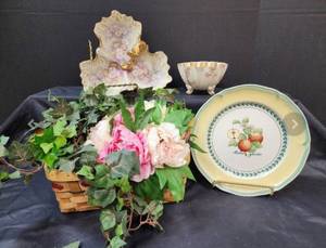 lot 262 image: China, Basket of Faux Flowers, and Plate