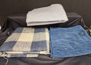 lot 277 image: XLG Blue Checkered Remnant, XLG Remnant Blue Upholstery Fabric, and Blue Stripped Remnant (cat friendly home)