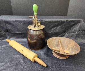 lot 112 image: Vintage Crock, Eggbeater, Rolling Pin, and Strainer